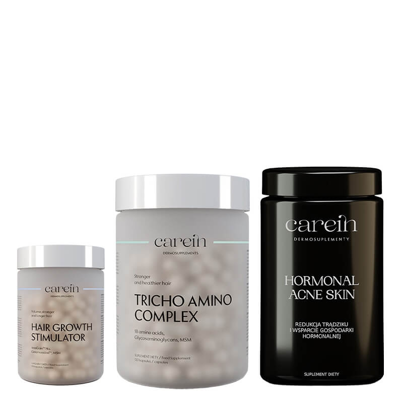 Carein Hair Growth Stimulator + Tricho Amino Complex + Hormonal Acne Skin ZESTAW Telogenowe wypadanie włosów 90 kapsułek + Wzmocnienie łamliwych włosów 120 kapsułek + Gładka skóra 120 kaps