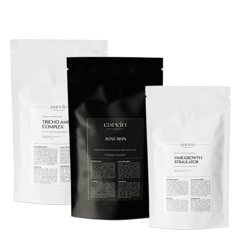 Carein Hair + Skin Refill Set ZESTAW Wypadanie włosów 90 kaps + Wzmocnienie włosów 120 kapsułek + Skóra bez trądziku 120 kaps