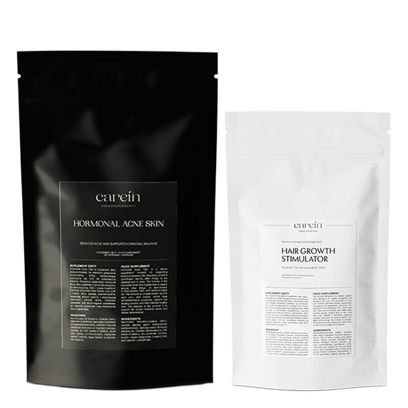 Carein Hormonal Acne Skin - Refill + Hair Growth Stimulator - Refill ZESTAW Kuracja 30 dni Gładka skóra bez trądziku hormonalnego - uzupełnienie 120 kaps + Telogenowe wypadanie włosów - uzupełnienie 90 kaps
