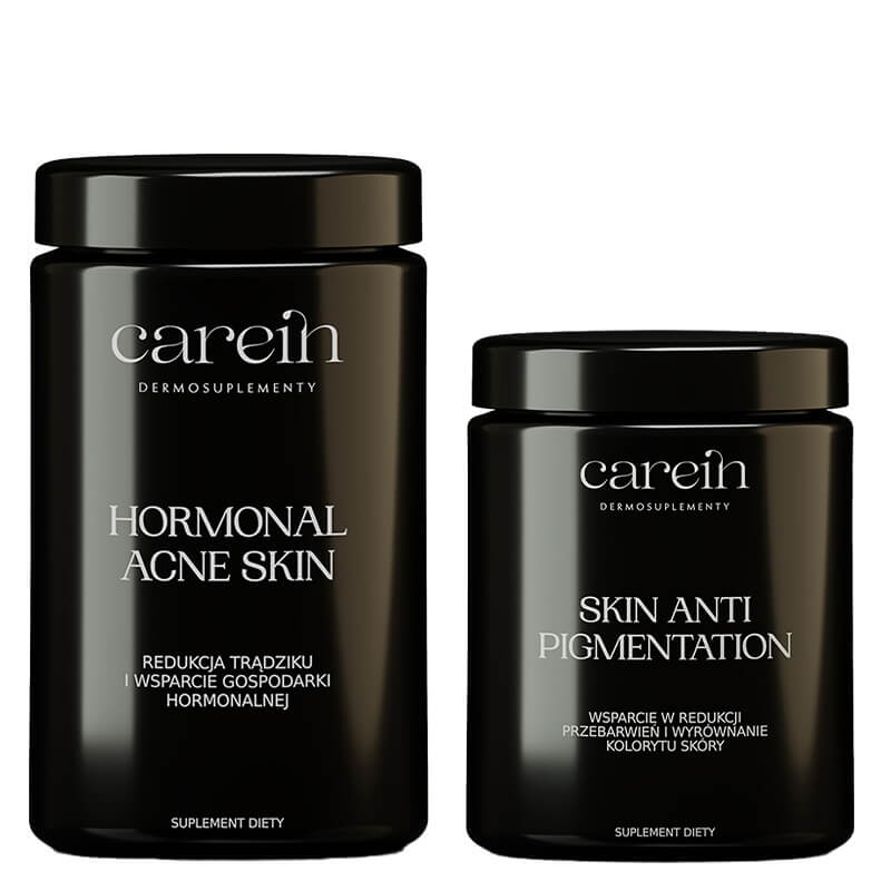 Carein Hormonal Acne Skin + Skin Anti Pigmentation ZESTAW Kuracja 30 dni Gładka skóra bez trądziku hormonalnego 120 kaps + Kuracja 30 dni Jednolita skóra bez przebarwień 60 kaps