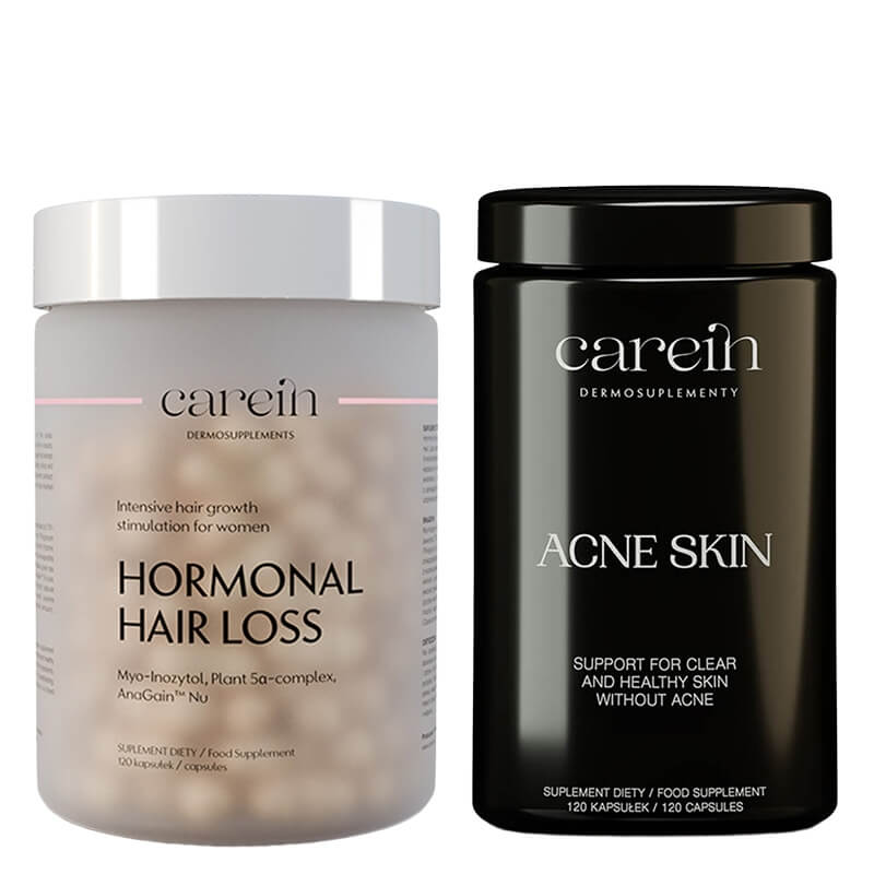 Carein Hormonal Hair Loss + Acne Skin ZESTAW Łysienie androgenowe żeńskie 120 kapsułek + Kuracja 30 dni Czysta skóra bez trądziku 120 kaps