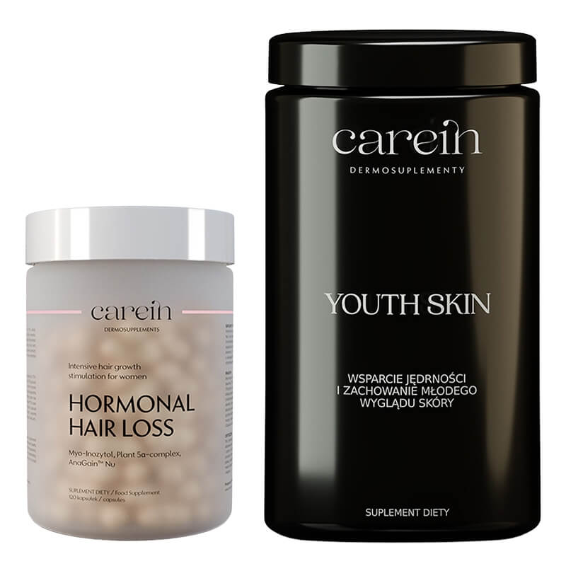 Carein Hormonal Hair Loss + Youth Skin ZESTAW Łysienie androgenowe żeńskie 120 kapsułek + Kuracja 30 dni Odmłodzona skóra bez zmarszczek 240 g