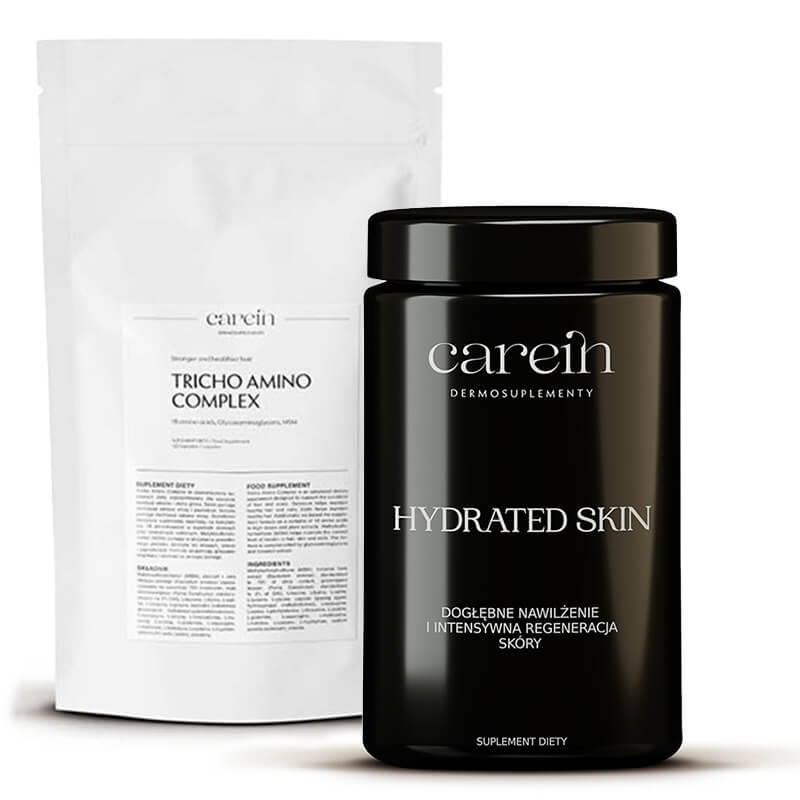 Carein Hydrated Skin + Tricho Amino Complex - Refill ZESTAW Kuracja 30 dni Nawilżenie i odbudowa bariery skórnej 90 kaps + Wzmocnienie cienkich, łamliwych włosów - uzupełnienie 120 kapsułek