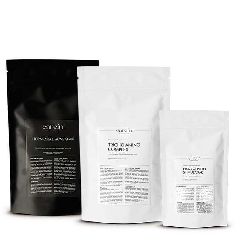 Carein Refill Set ZESTAW Skóra bez trądziku hormonalnego - refill 120 kaps + Wzmocnienie włosów - refill 120 kaps + Wypadanie włosów - refill 90 kaps