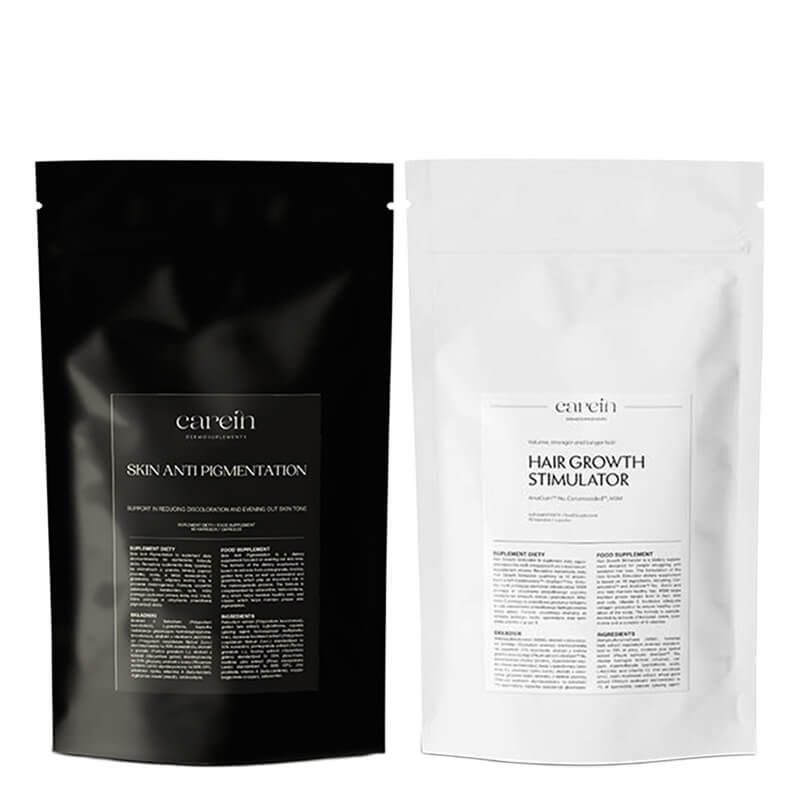 Carein Skin Anti Pigmentation - Refill + Hair Growth Stimulator - Refill ZESTAW Kuracja 30 dni: Suplement diety - uzupełnienie 60 kaps + Suplement diety - uzupełnienie 90 kaps