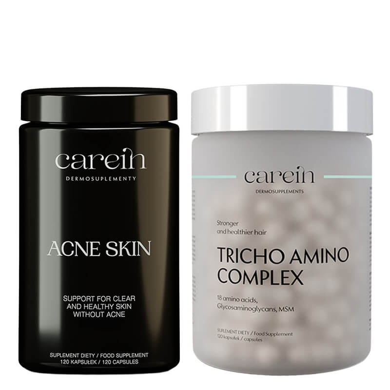 Carein Tricho Amino Complex + Acne Skin ZESTAW Wzmocnienie cienkich, łamliwych włosów 120 kapsułek + Kuracja 30 dni Czysta skóra bez trądziku 120 kaps
