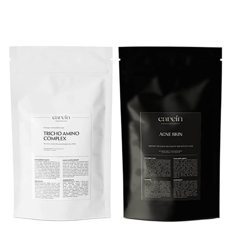 Carein Tricho Amino Complex - Refill + Acne Skin - Refill ZESTAW Wzmocnienie cienkich, łamliwych włosów - uzupełnienie 120 kapsułek + Kuracja 30 dni Czysta skóra bez trądziku - uzupełnienie 120 kap