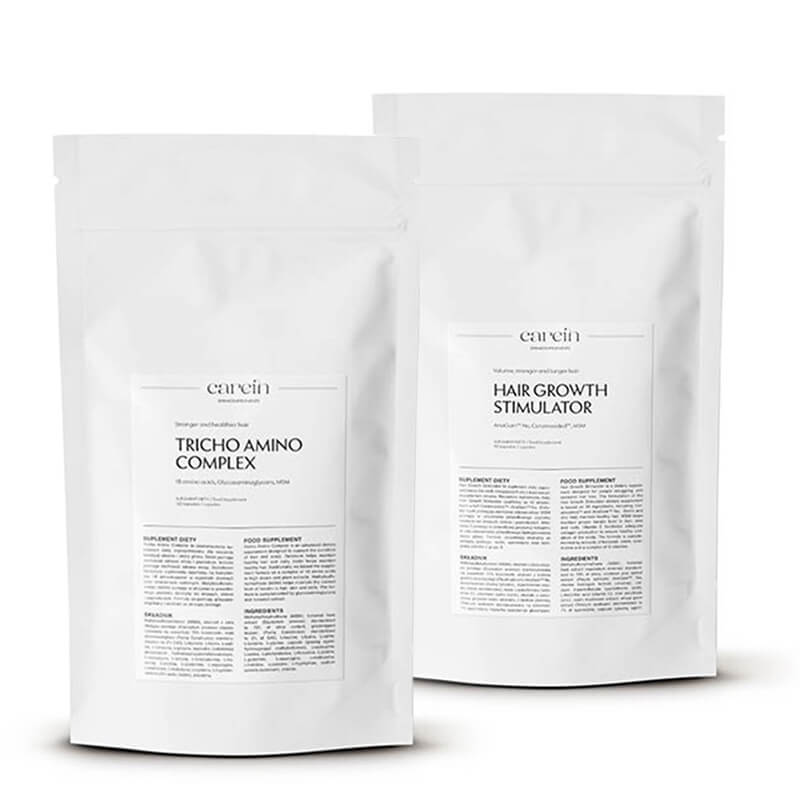 Carein Tricho Amino Complex - Refill + Hair Growth Stimulator - Refill ZESTAW Wzmocnienie cienkich, łamliwych włosów - uzupełnienie 120 kapsułek + Telogenowe wypadanie włosów - uzupełnienie 90 kaps
