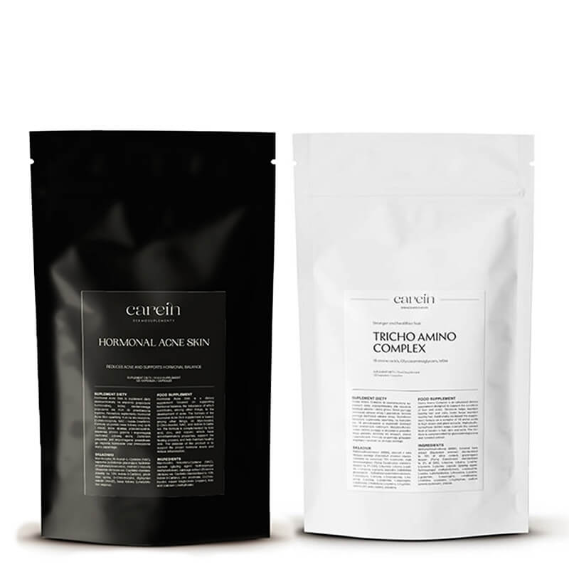 Carein Tricho Amino Complex - Refill + Hormonal Acne Skin - Refill ZESTAW Wzmocnienie cienkich, łamliwych włosów - uzupełnienie 120 kapsułek + Kuracja 30 dni Gładka skóra bez trądziku hormonalnego - uzupeł