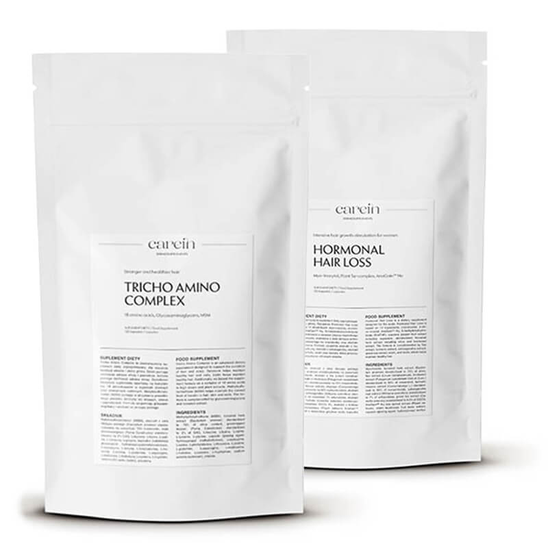 Carein Tricho Amino Complex - Refill + Hormonal Hair Loss - Refill ZESTAW Wzmocnienie cienkich, łamliwych włosów - uzupełnienie 120 kapsułek + Łysienie androgenowe żeńskie - uzupełnienie 120 kapsułek