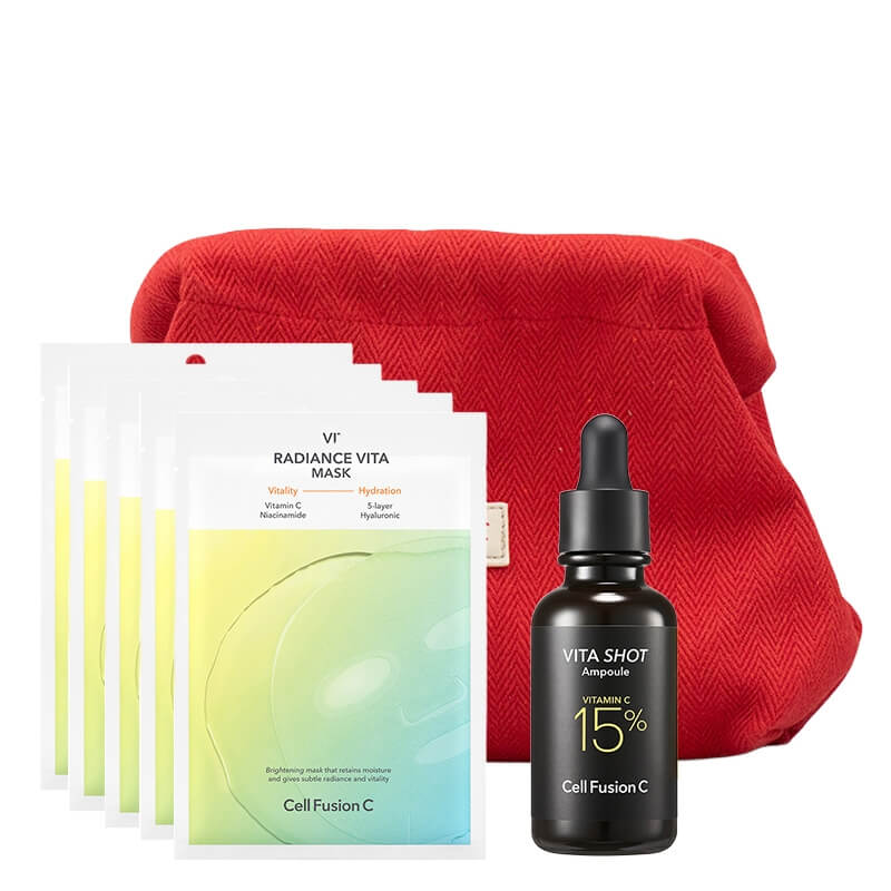 Cell Fusion C 15% Vita Shot Ampoule + Radiance Vita Mask + Red Bag Gratis ZESTAW Rozjaśniające serum z 15% witaminą C i mikroigłami 20 g + Rozświetlająco - nawilżająca maska w płacie 5 x 25 ml + Kosmetyczka 1 szt