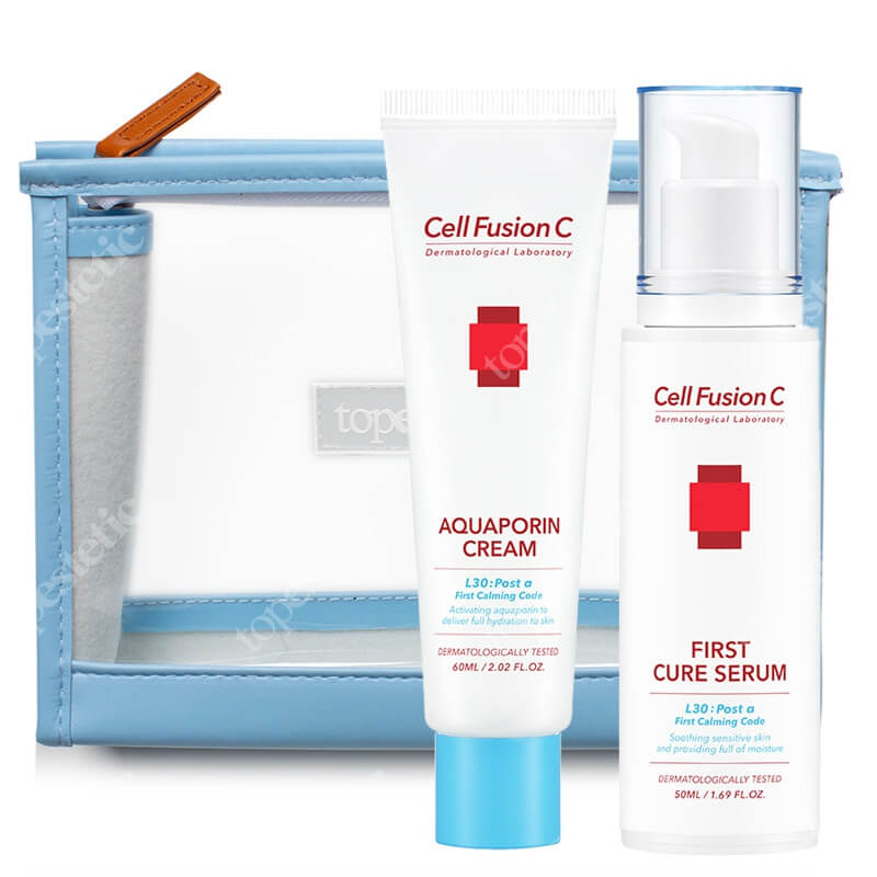 Cell Fusion C Aquaporin Cream + First Cure Serum ZESTAW Krem silnie nawilżający 60 ml + Serum intensywnie regenerujące dla skóry wrażliwej 50 ml + Kosmetyczka 1 szt