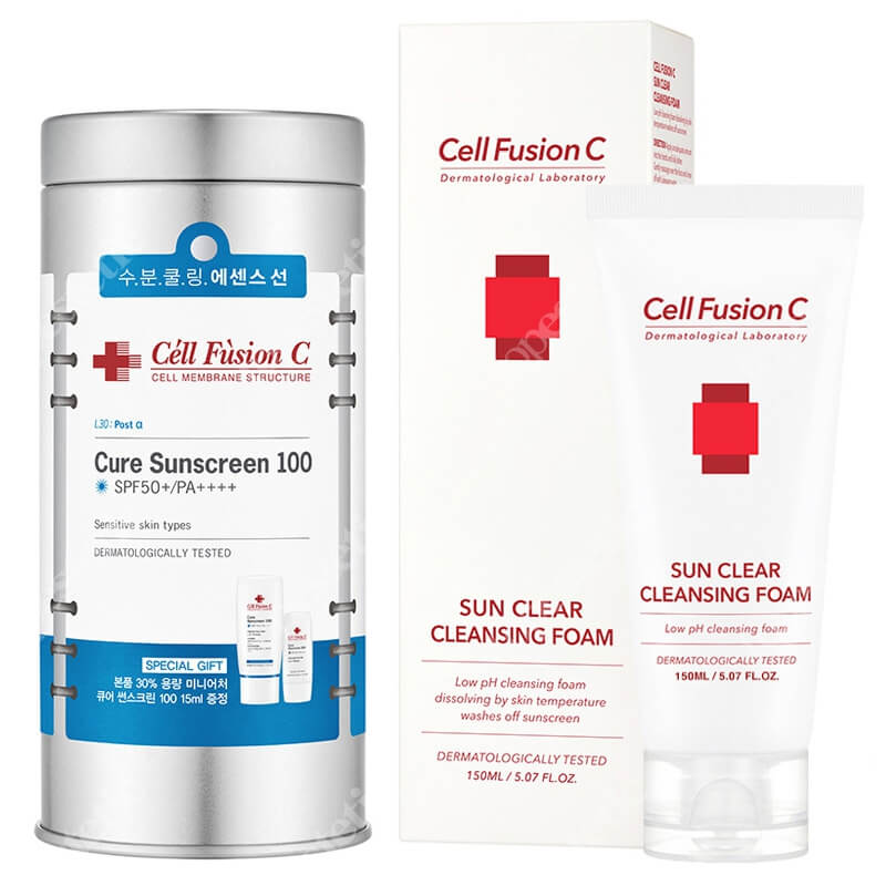 Cell Fusion C Cure Sunscreen SPF 50+ PA+++ + Sun Clear Cleansing Foam ZESTAW Krem 50 ml + 15 ml + Pianka oczyszczająca do zmywania filtrów UV 150 ml