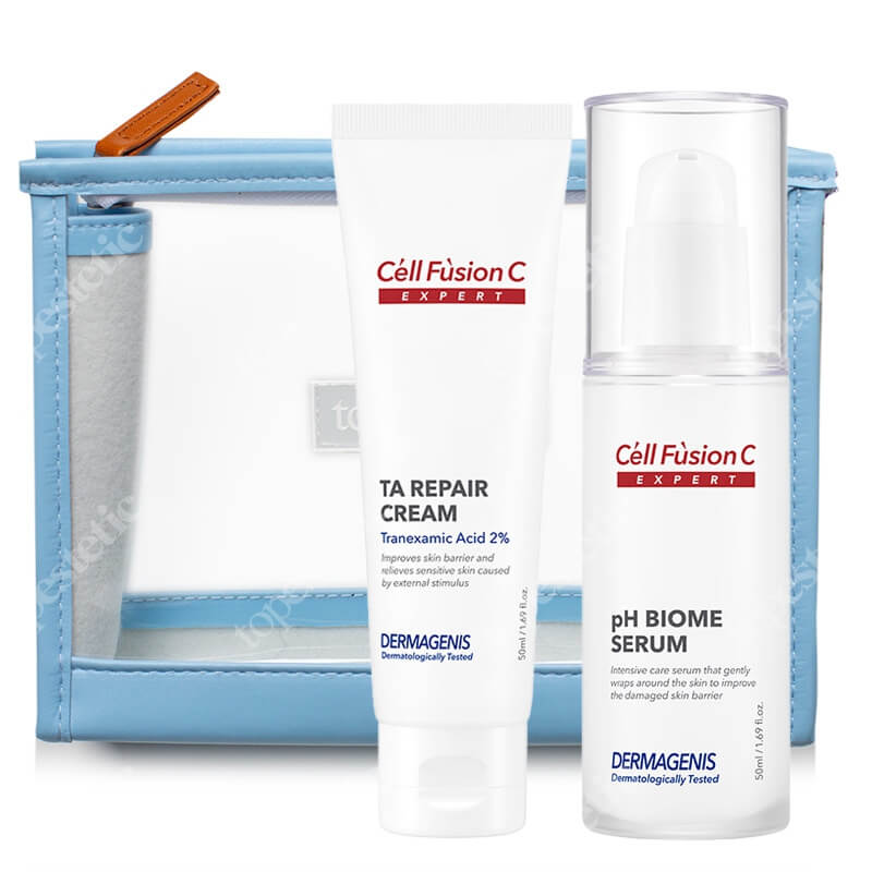 Cell Fusion C Expert Pielęgnacja Regenerująca ZESTAW Krem regenerujący do skóry zniszczonej oraz po inwazyjnych zabiegach 50 ml + Serum intensywnie regenerujące 50 ml + Kosmetyczka 1 szt