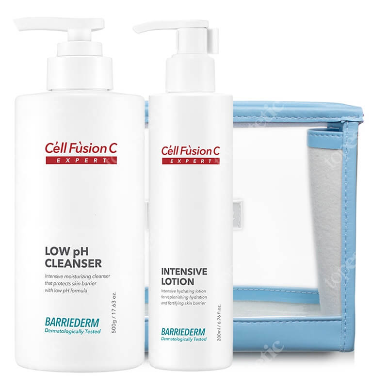 Cell Fusion C Expert Pielęgnacja Silnie Nawilżająca do Ciała ZESTAW Balsam nawilżający do skóry ekstremalnie suchej 200 ml + Łagodny żel oczyszczający dla skóry suchej 500 ml + Kosmetyczka 1 szt