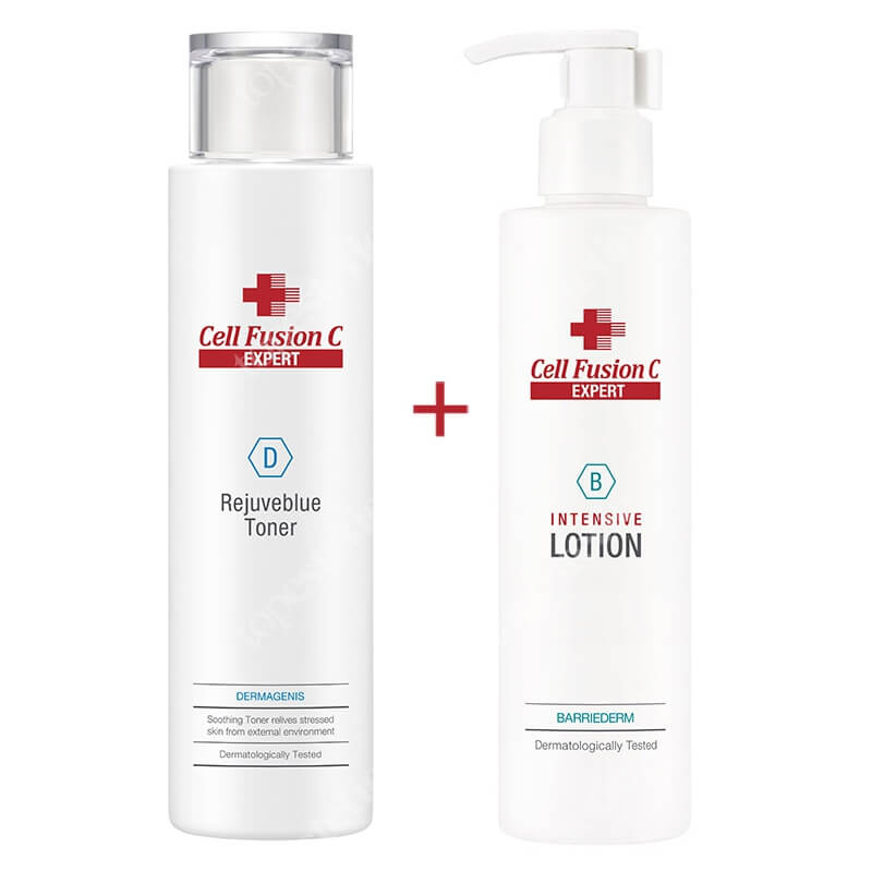 Cell Fusion C Expert Rejuveblue Toner + Intensive Lotion ZESTAW Tonik nawilżająco-łagodzący, odbudowuje barierę ochronną 200 ml + Balsam głęboko nawilżający do skóry ekstremalnie suchej 200 ml