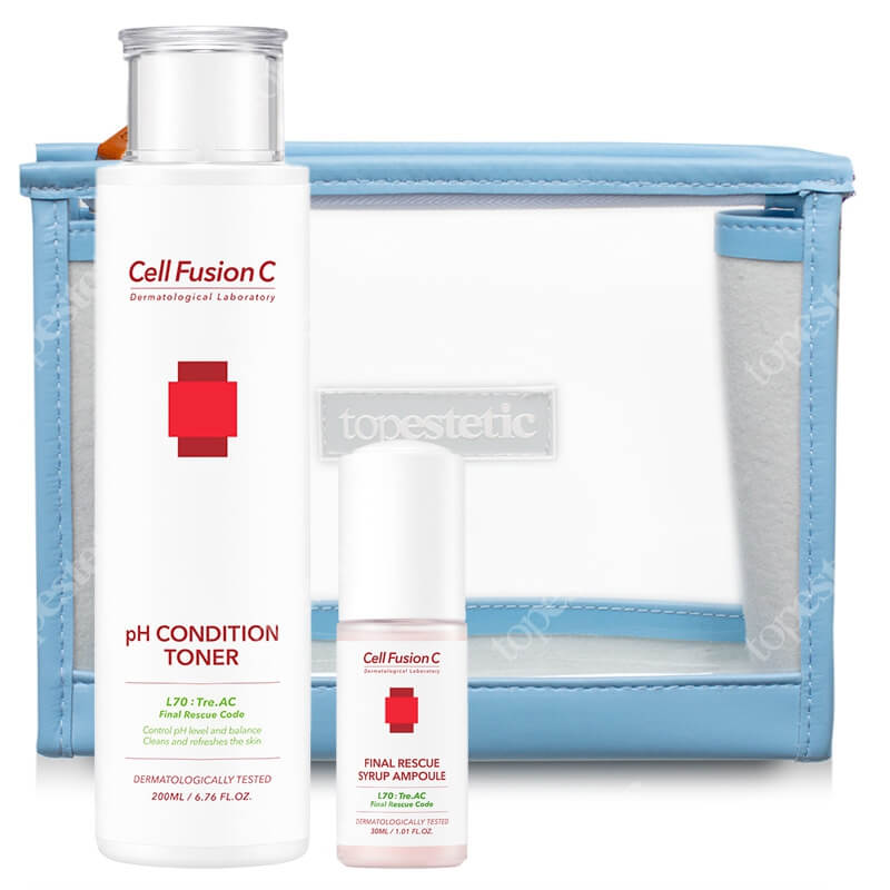 Cell Fusion C pH Condition Toner + Final Rescue Syrup Ampoule ZESTAW Tonik oczyszczający 200 ml + Różowy syrop łagodzący podrażnienia 30 ml + Kosmetyczka 1 szt