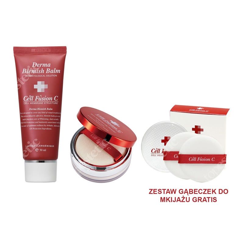 Cell Fusion C Zestaw promocyjny CMS Fluid maskujący SPF 21, Puder transparentny + GRATIS mini produkty 50 ml, 10 g