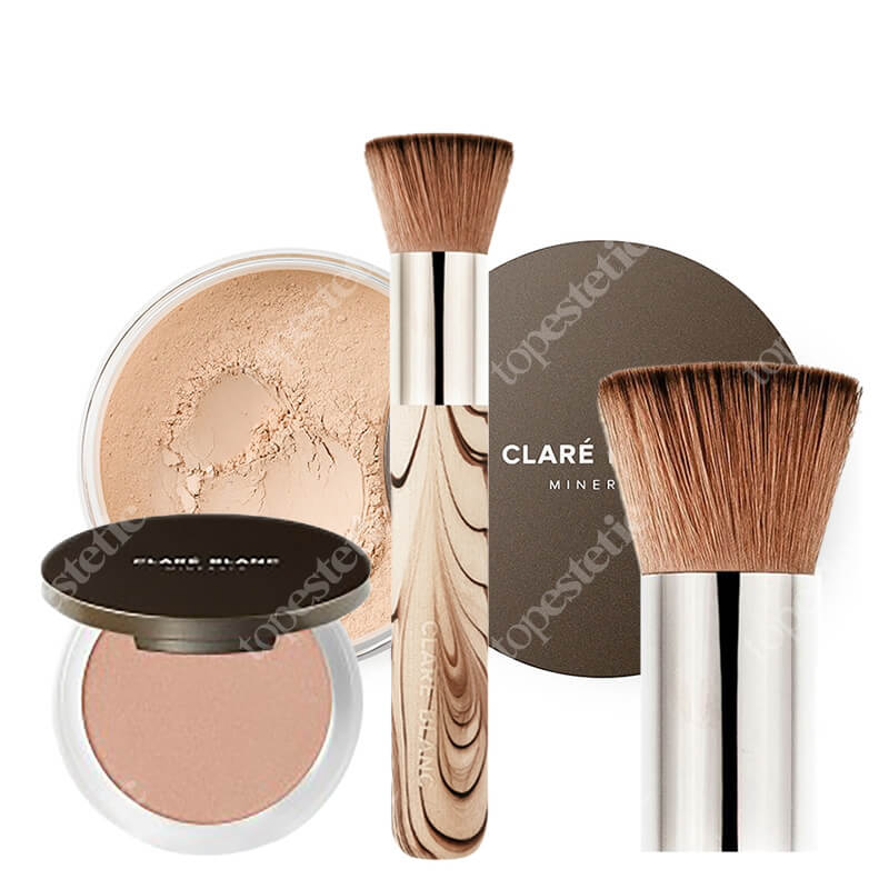 Clare Blanc Neutral 245 + Flat Top Brush + Luminous Sunlight ZESTAW Podkład mineralny SPF 15 - (Neutral 245) 14 g + Pędzel (FB 04) 1 szt. + Rozświetlający puder (Luminous Sunlight) 8 g
