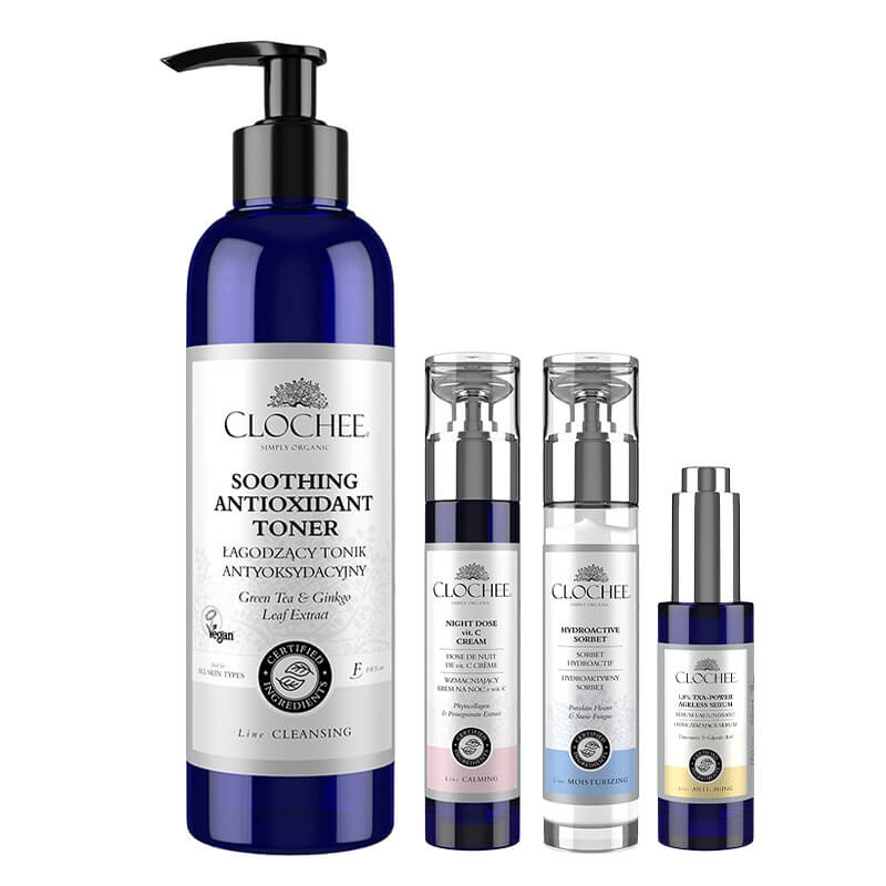 Clochee Anti Age Set ZESTAW Serum odmładzające 30 ml + Hydroaktywny sorbet 50 ml + Tonik antyoksydacyjny 250 ml + Wzmacniający krem na noc z wit. C 50 ml