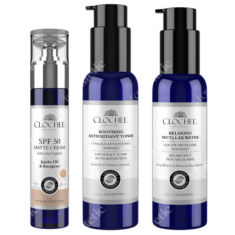 Clochee Antioxidant And Protect ZESTAW Płyn micelarny 100 ml + Tonik antyoksydacyjny 100 ml + Krem matujący z SPF 50 50 ml