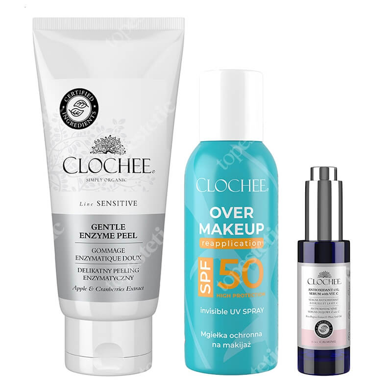 Clochee Basic Set ZESTAW Peeling enzymatyczny 100 ml + Antyoksydacyjne serum olejowe z witaminą C 30 ml + Mgiełka SPF 50 do twarzy 75 ml