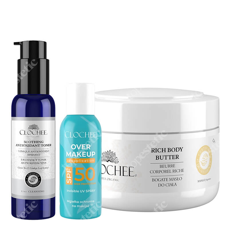 Clochee Bestseller Set ZESTAW Tonik antyoksydacyjny 100 ml + Bogate masło do ciała - mango 250 ml + Mgiełka do twarzy SPF 50 75 ml