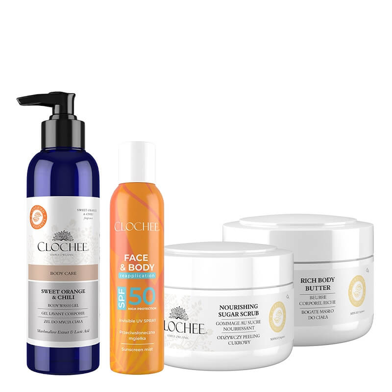 Clochee Body Care ZESTAW Żel do mycia 250 ml + Mgiełka SPF 50 150 ml + Masło do ciała 250 ml + Peeling 250 ml