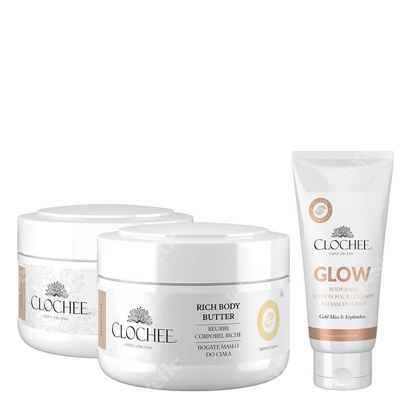 Clochee Body Glow ZESTAW Peeling cukrowy 250 ml + Masło do ciała - mango 250 ml + Rozświetlający balsam do ciała 100 m