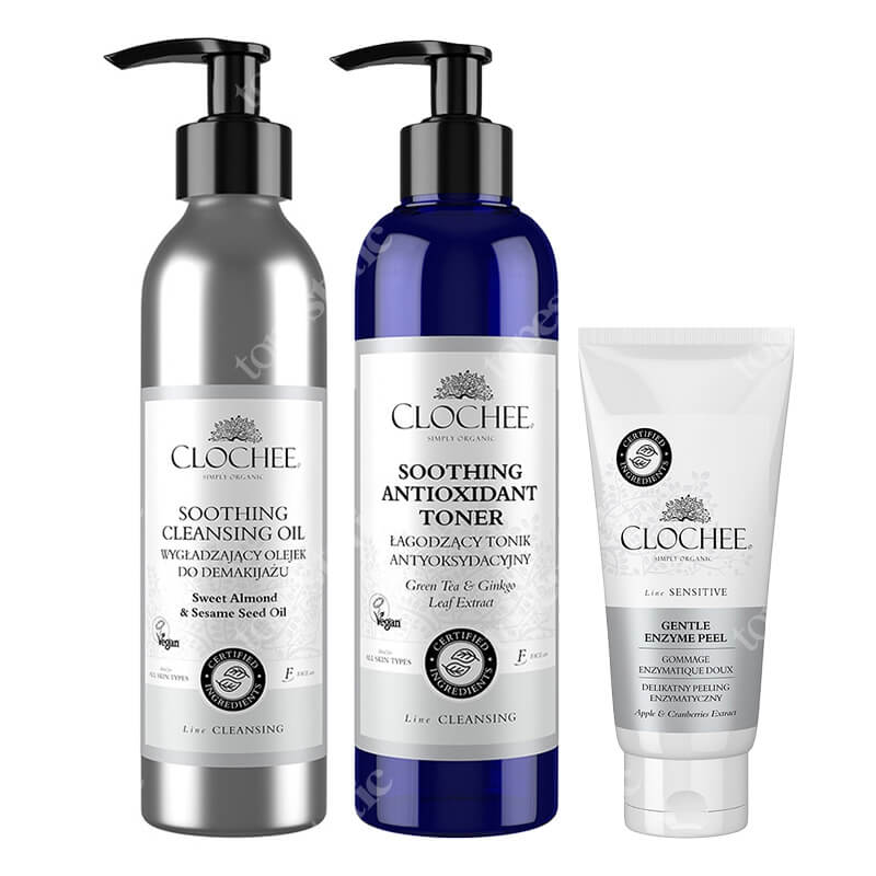 Clochee Clean Skin ZESTAW Delikatny peeling enzymatyczny 100 ml + Tonik antyoksydacyjny 250 ml + Wygładzający olejek do demakijażu 250 ml