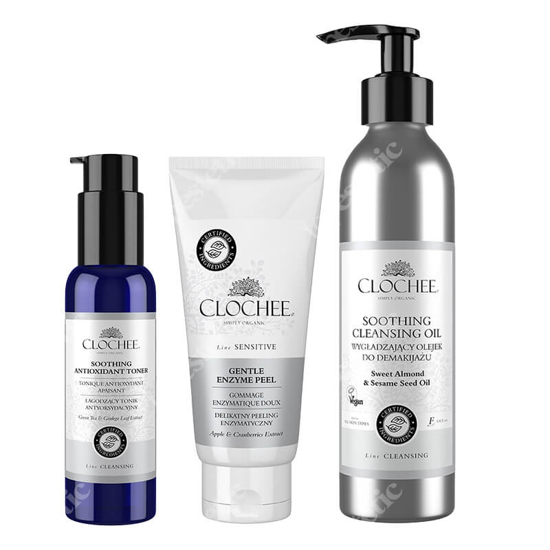 Clochee Clean Skin ZESTAW Peeling enzymatyczny 100 ml + Olejek do demakijażu 250 ml + Tonik antyoksydacyjny 100 ml
