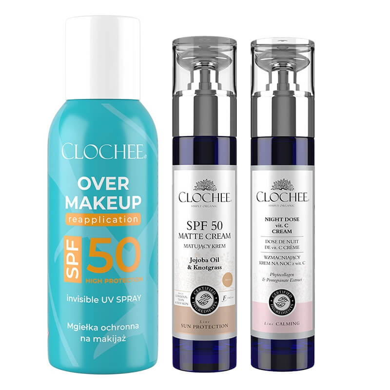Clochee Day And Night Set ZESTAW Krem matujący z SPF 50 50 ml + Mgiełka do twarzy 75 ml + Wzmacniający krem na noc z wit. C 50 ml