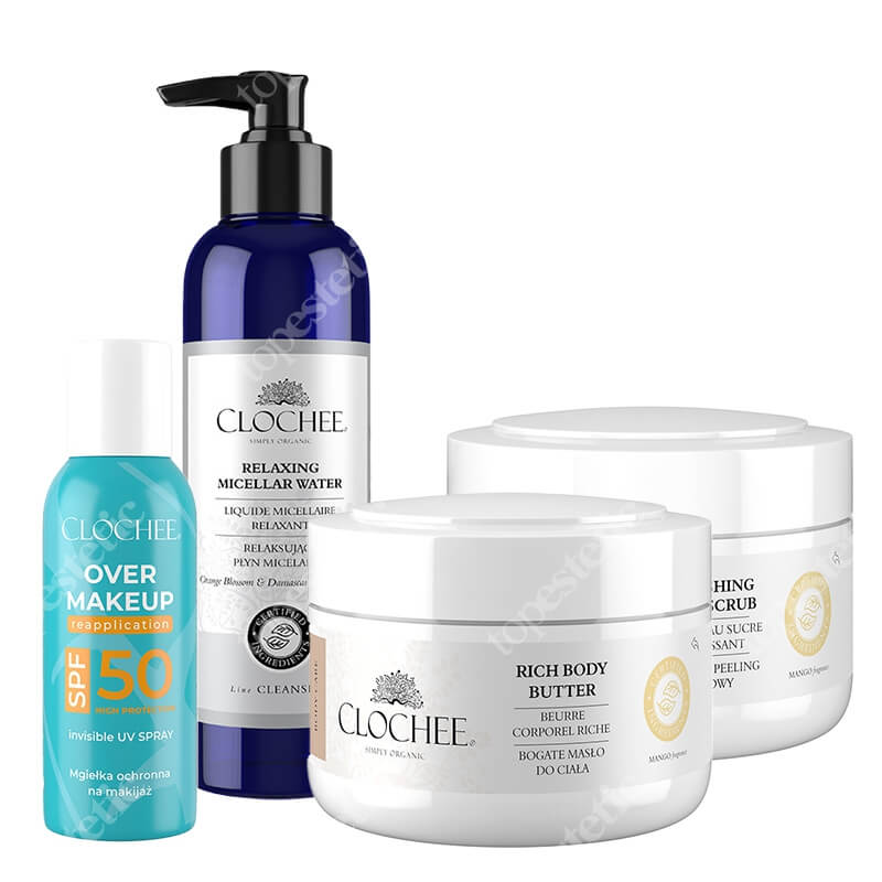 Clochee Face And Body ZESTAW Płyn micelarny 250 ml + Mgiełka SPF 50 75 ml + Peeling cukrowy 250 ml + Masło do ciała 250 ml