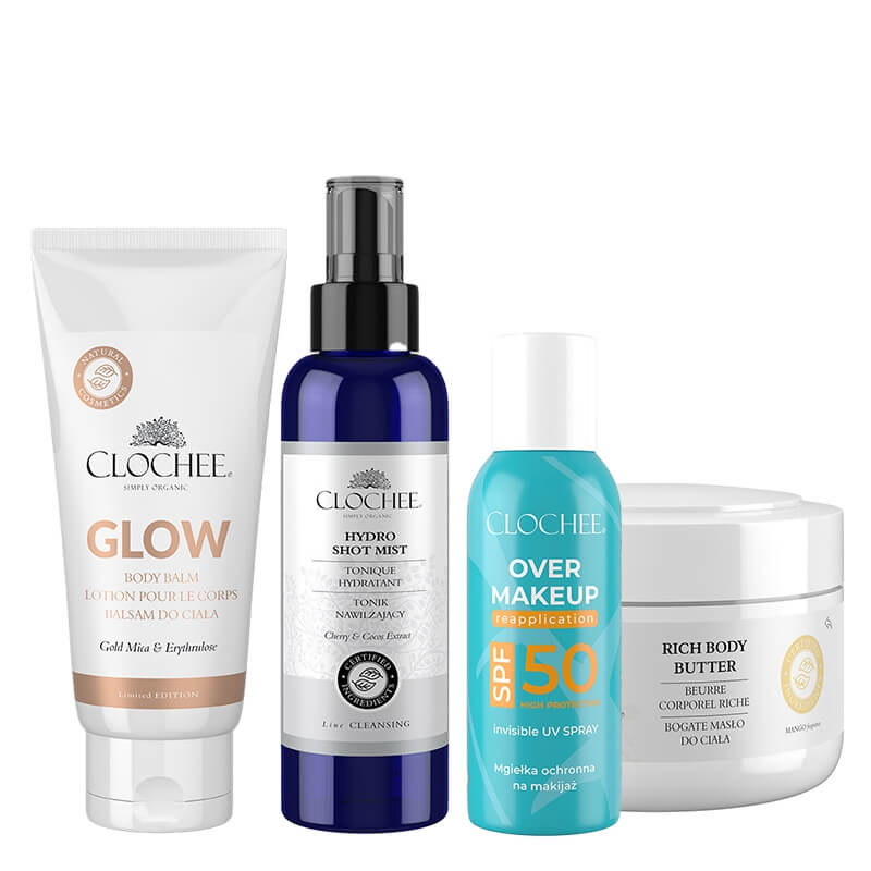 Clochee Favorite Set ZESTAW Mgiełka SPF 50 75 ml + Mgiełka nawilżająca 100 ml + Rozświetlający balsam do ciała 100 ml + Bogate masło do ciała 250 ml