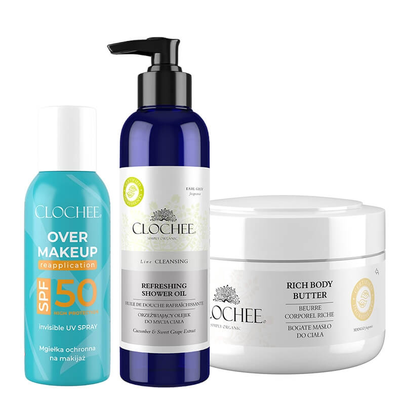 Clochee Favorite Set ZESTAW Olejek do mycia ciała 250 ml + Masło do ciała - mango 250 ml + Mgiełka do twarzy 75 ml