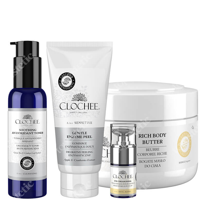 Clochee Favorite Set ZESTAW Peeling enzymatyczny 100 ml + Tonik 100 ml + Krem-Maska pod oczy 15 ml + Masło do ciała 250 ml