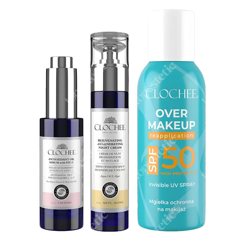 Clochee Favorite Set ZESTAW Serum olejowe 30 ml + Mgiełka SPF 50 75 ml + Krem odmładzająco-regenerujący na noc 50 ml