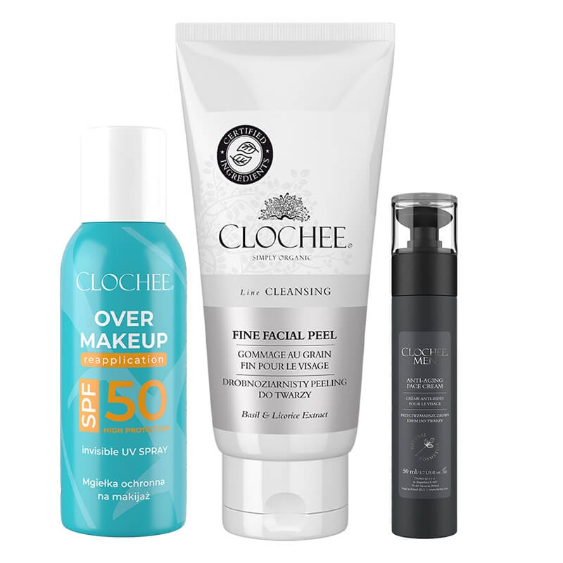 Clochee Fine Facial Set ZESTAW Drobnoziarnisty peeling do twarzy 100 ml + Krem przeciwzmarszczkowy 50 ml + Mgiełka do twarzy 75 ml