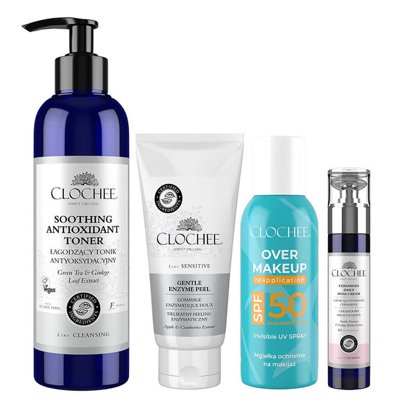 Clochee Glow Skin ZESTAW Peeling enzymatyczny 100 ml + Tonik antyoksydacyjny 250 ml + Ceramidowy krem na dzień 50 ml + Mgiełka do twarzy 75 ml