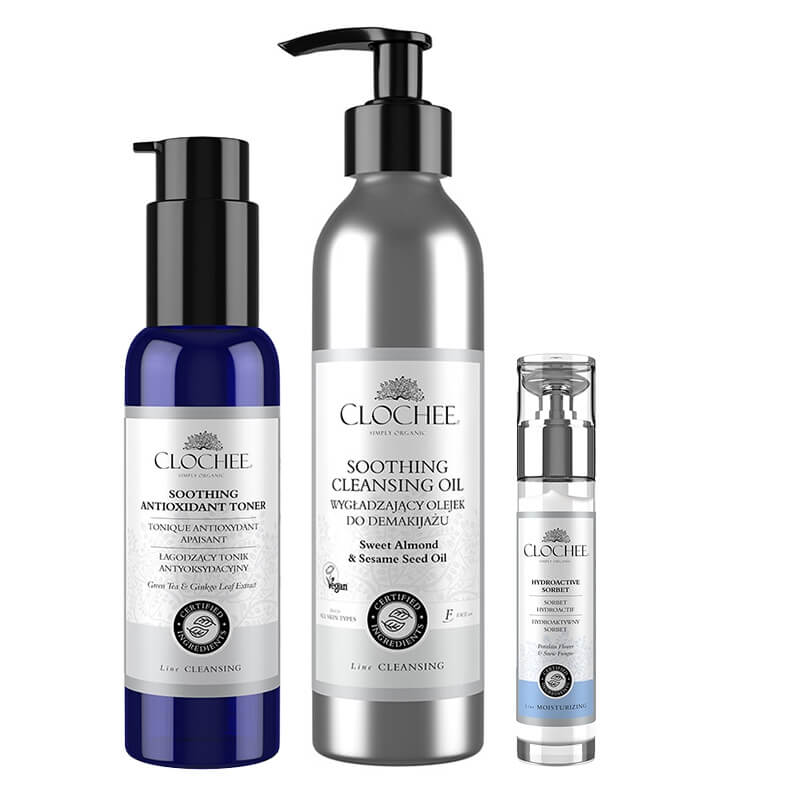 Clochee Hydroactive Set ZESTAW Olejek do demakijażu 250 ml + Tonik antyoksydacyjny 100 ml + Hydroaktywny sorbet 50 ml
