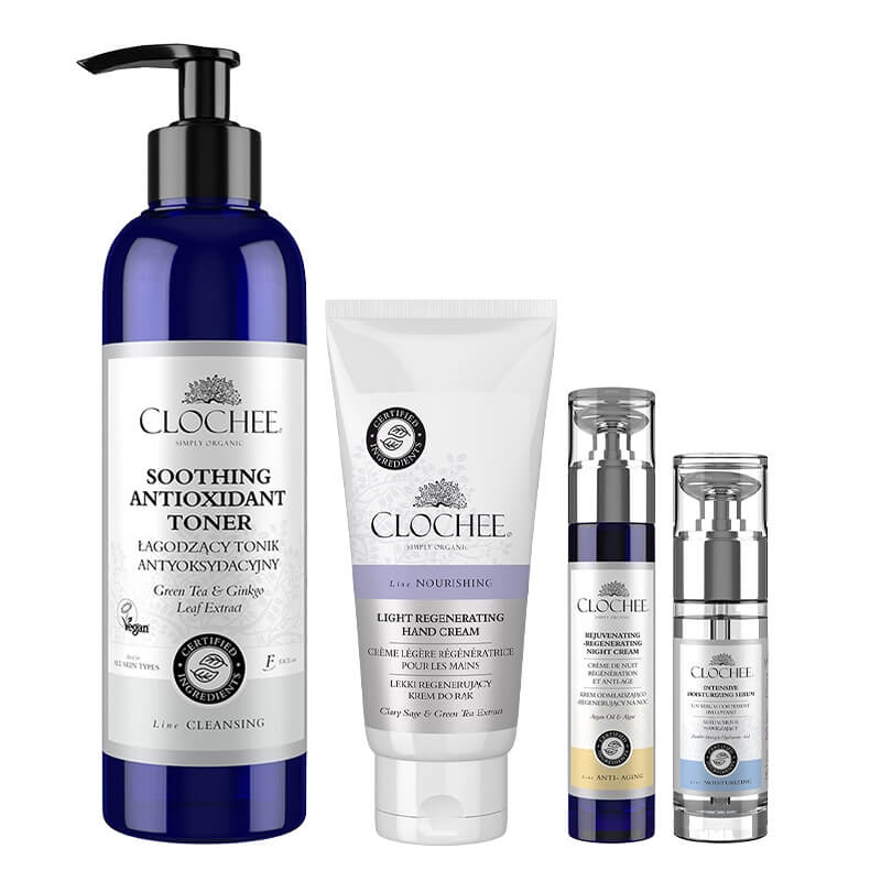 Clochee Hydroactive Set ZESTAW Tonik 250 ml + Serum silnie nawilżające 30 ml + Hydroaktywny sorbet 50 ml + Krem do rąk 100 ml