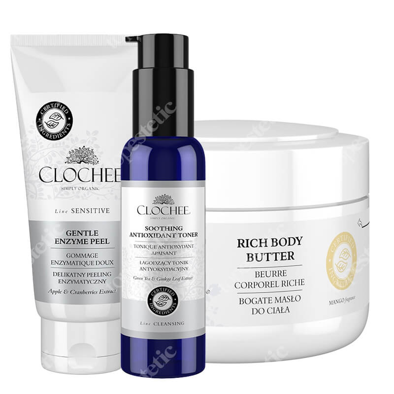 Clochee Perfect Care Face And Body ZESTAW Peeling enzymatyczny 100 ml + Tonik antyoksydacyjny 100 ml + Bogate masło do ciała - mango 250 ml