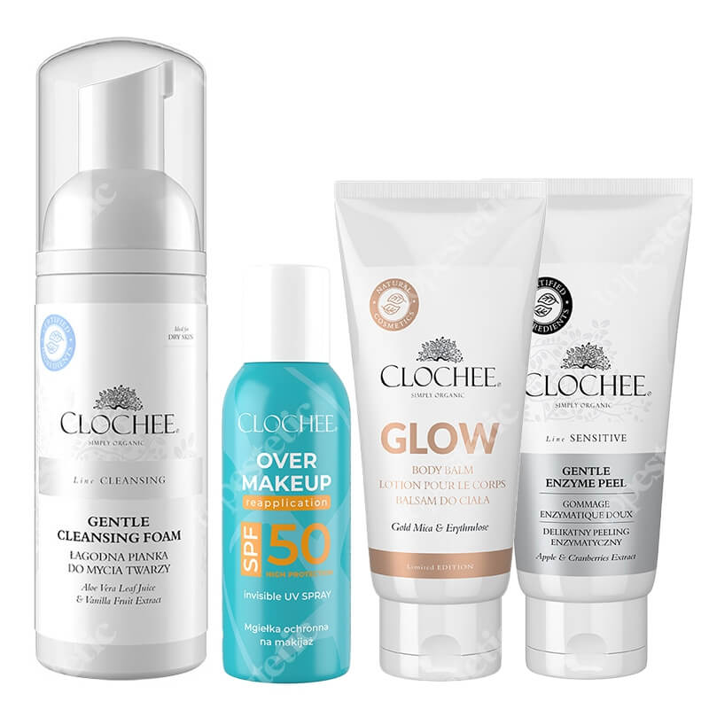 Clochee Perfect Set ZESTAW Peeling enzymatyczny 100 ml + Balsam do ciała 100 ml + Mgiełka do twarzy 75 ml + Pianka do mycia twarzy 150 ml