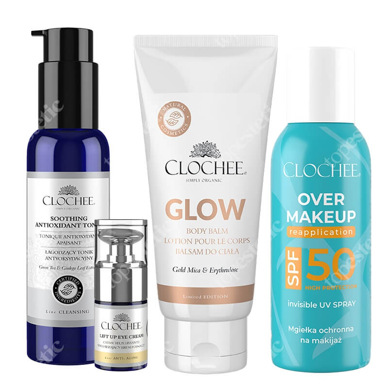Clochee Perfect Set ZESTAW Tonik 100 ml + Krem pod oczy 15 ml + Mgiełka SPF 50 75 ml + Rozświetlający balsam do ciała 100 ml