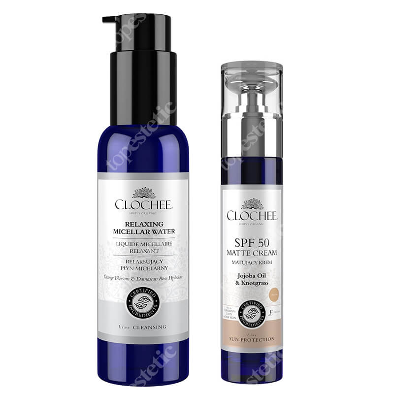 Clochee Relaxing Micellar Water + SPF 50 Matte Cream ZESTAW Relaksujący płyn micelarny 100 ml + Krem matujący z SPF 50 50 ml