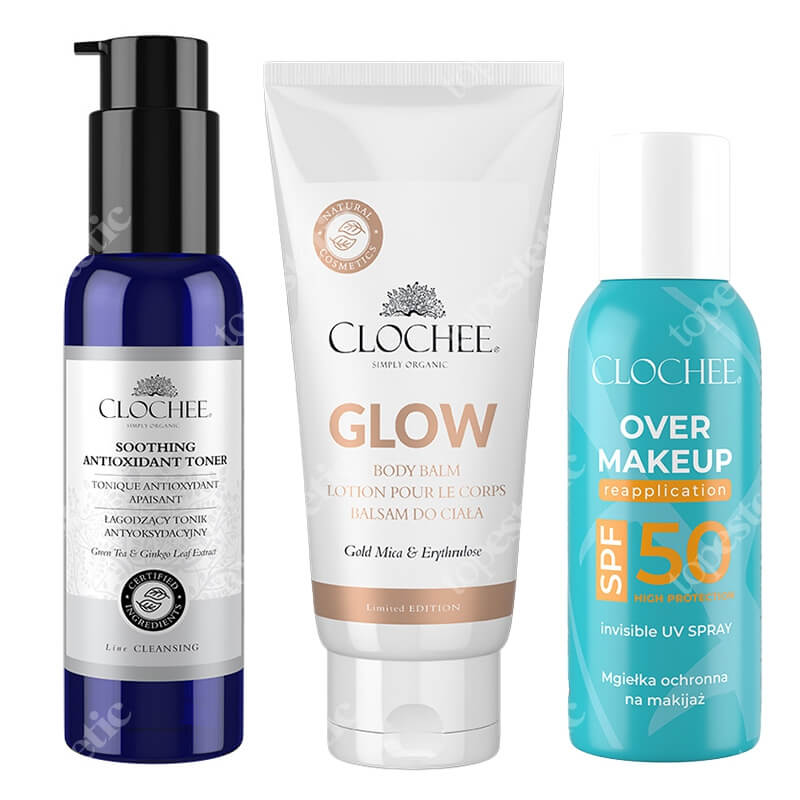 Clochee Sommer Set ZESTAW Mgiełka do twarzy 75 ml + Rozświetlający balsam do ciała 100 ml + Łagodzący tonik antyoksydacyjny 100 ml