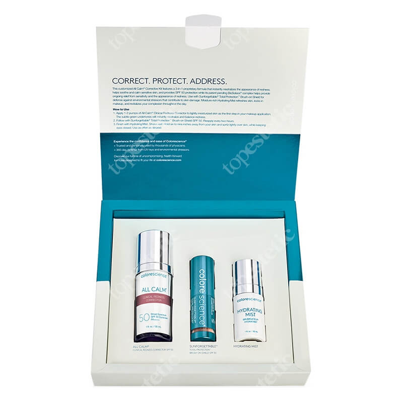 Colorescience All Calm Redness Corrector + Sunforgettable Brush-On Sunscreen + Hydrating Mist ZESTAW Korektor 30 ml + Puder SPF 50 w pędzlu - Medium 2 g + Mgiełka 30 ml