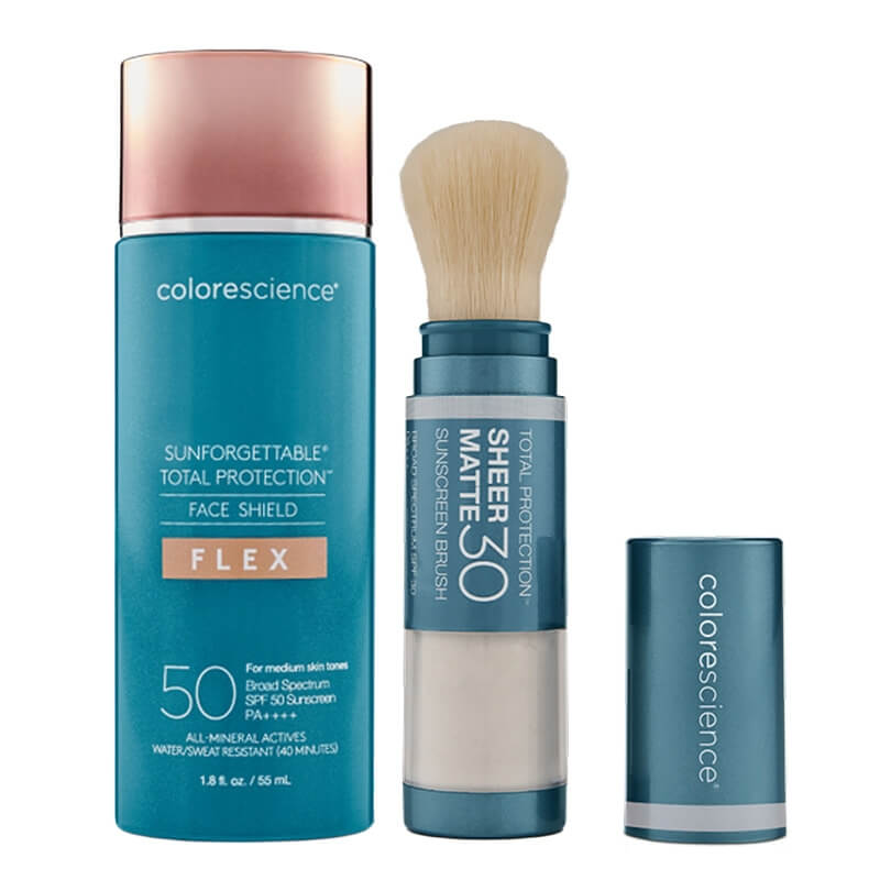 Colorescience Face Protect Perfect Duo ZESTAW Minerały w emulsji do twarzy (kolor medium) 55 ml + Puder wchłaniający nadmiar sebum 4,3 g