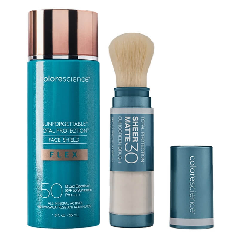 Colorescience Face Shield Protect Set ZESTAW Minerały w emulsji do twarzy (kolor Light) 55 ml + Puder wchłaniający nadmiar sebum 4,3 g