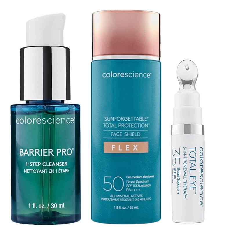 Colorescience Face Shield ZESTAW Korektor pod oczy 3 w 1 (kolor Medium) 7 ml + Minerały w emulsji do twarzy (kolor medium) 55 ml + Żel oczyszczający 30 ml GRATIS